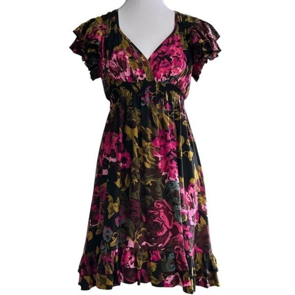 Betsy Johnson 100% Silk Floral Print Dress Ruffle Details V Neck Size P